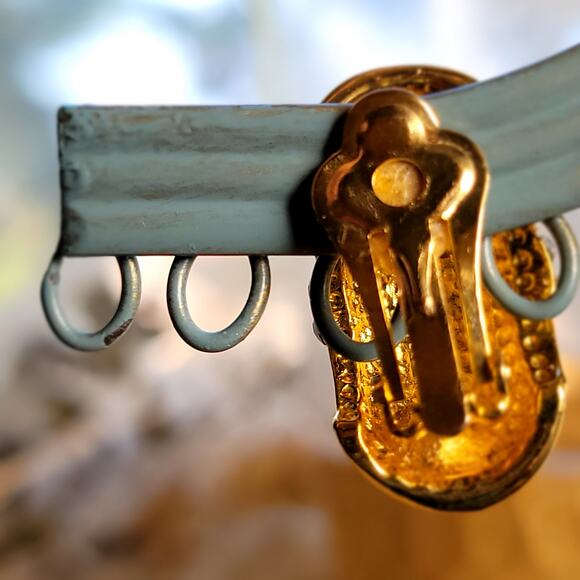 Black and Gold Enamel Clip-On Earrings with Rhinestones - Picture 6 of 10